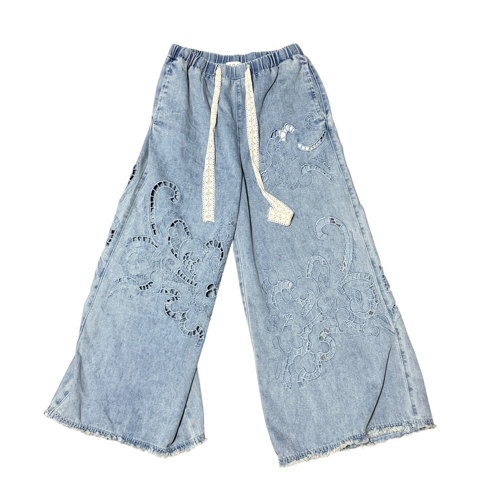 POL Womens Wide Leg Jeans S Light Wash Lace Cut Out Eyelet Boho Denim Pants